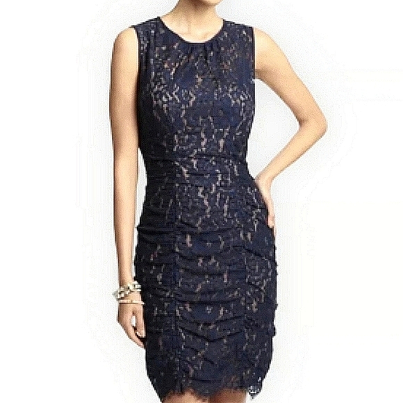 Eliza J Nordstrom Navy Blue Lace Ruche Shirred Dress Fitted Sleeveless - Picture 1 of 10